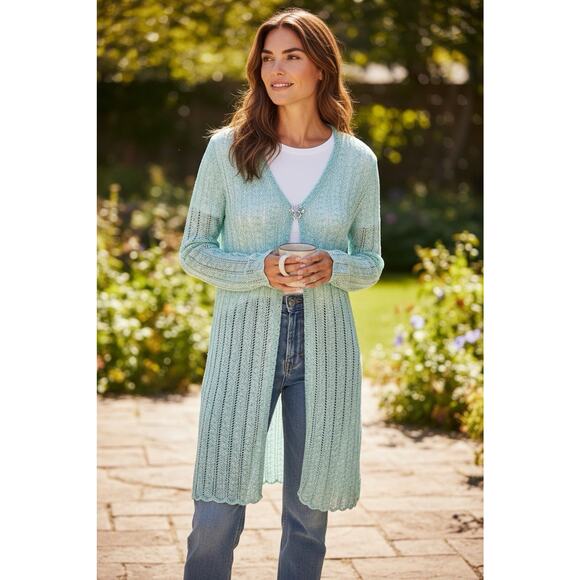 St. John Sport Sweaters - St. John Sport Crochet Longline Knit Cardigan Teal Size Small Petite Beaded Hook